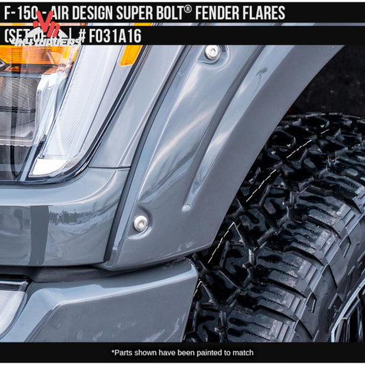 Satin black Air Design Superbolt Fender Flares on a 2021-2026 Ford F-150 truck for enhanced protection and style.