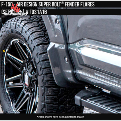 Side profile view of a 2021-2026 Ford F-150 truck equipped with Air Design satin black Superbolt fender flares SKU GPSM_FO31A16.