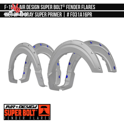Close-up detail of the front injection molded ABS Superbolt fender flare mounted above an off-road truck tire SKU GPSM_FO31A16.