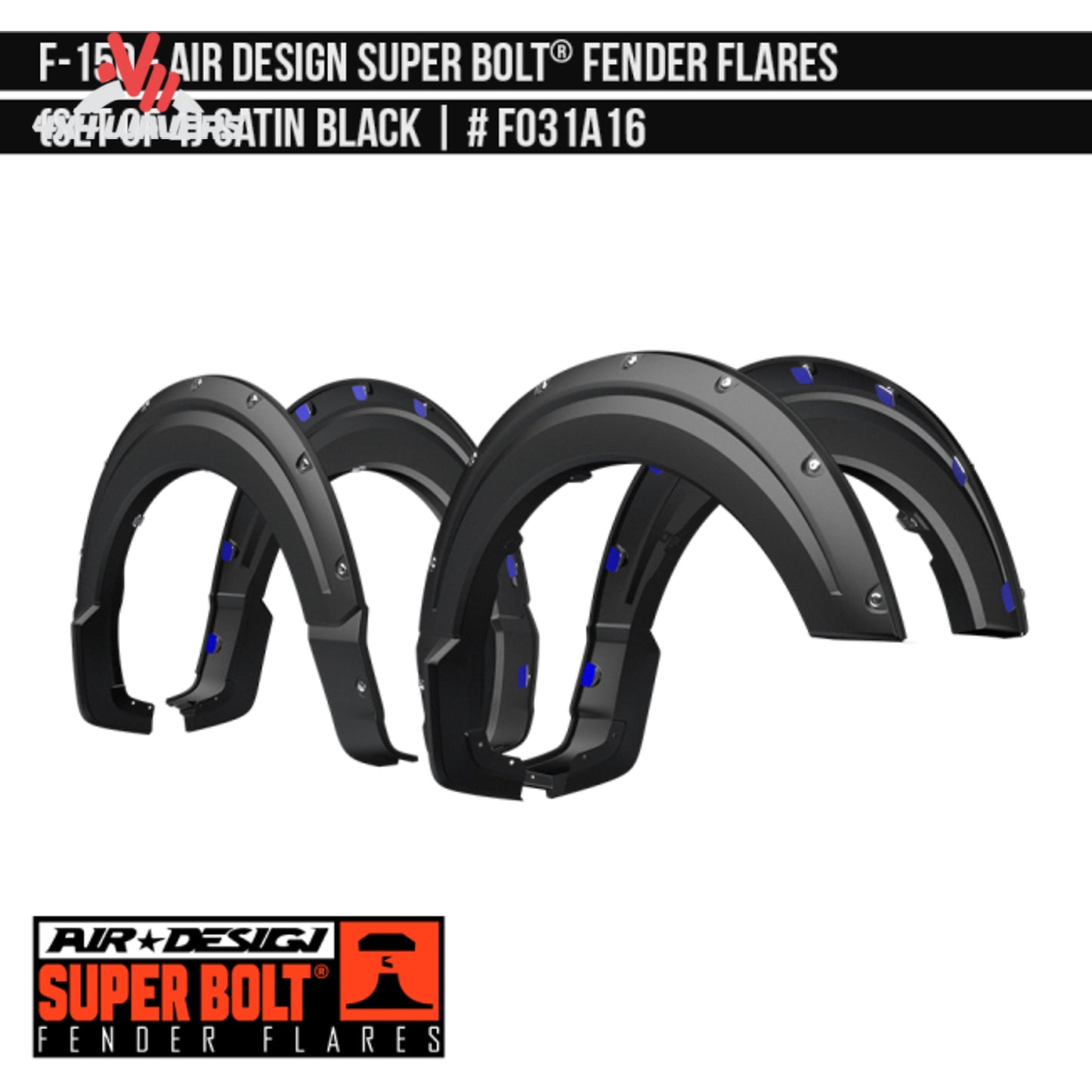 Front and back satin black Air Design Superbolt fender flare installed on Ford F-150 FO31A16 SKU GPSM_FO31A16.