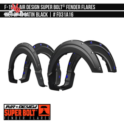 Front and back satin black Air Design Superbolt fender flare installed on Ford F-150 FO31A16 SKU GPSM_FO31A16.