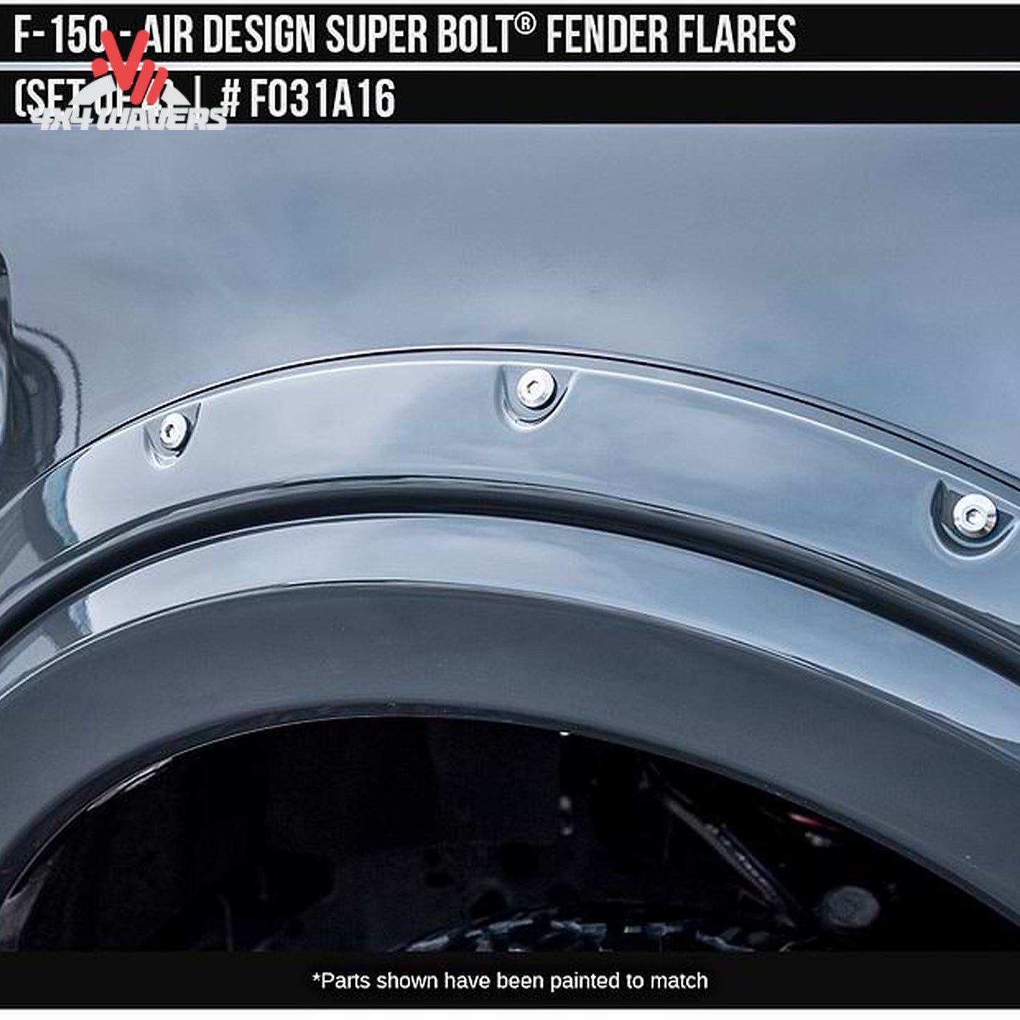 Front primed Air Design Superbolt fender flare installed on Ford F-150 FO31A16PR SKU GPSM_FO31A16PR.