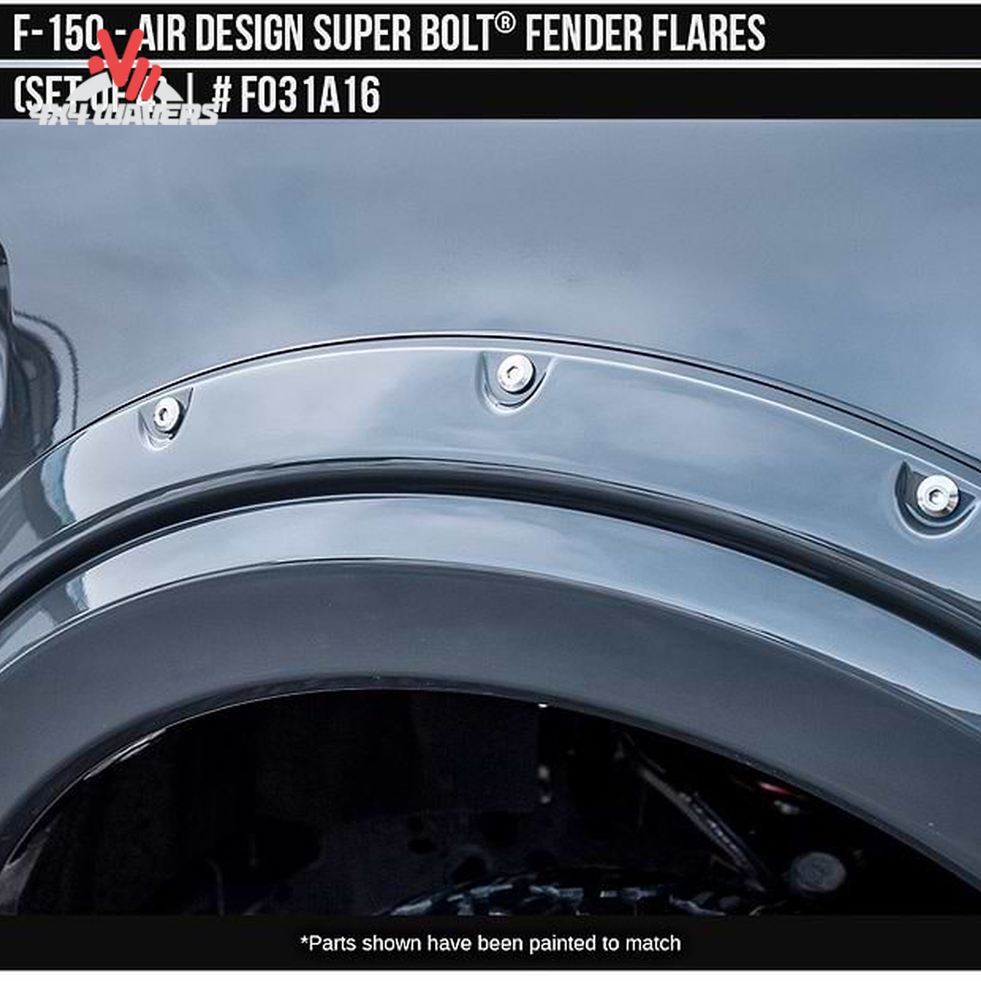 Front primed Air Design Superbolt fender flare installed on Ford F-150 FO31A16PR SKU GPSM_FO31A16PR.