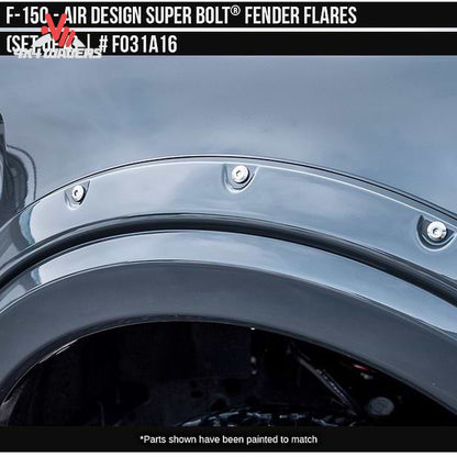 Front primed Air Design Superbolt fender flare installed on Ford F-150 FO31A16PR SKU GPSM_FO31A16PR.