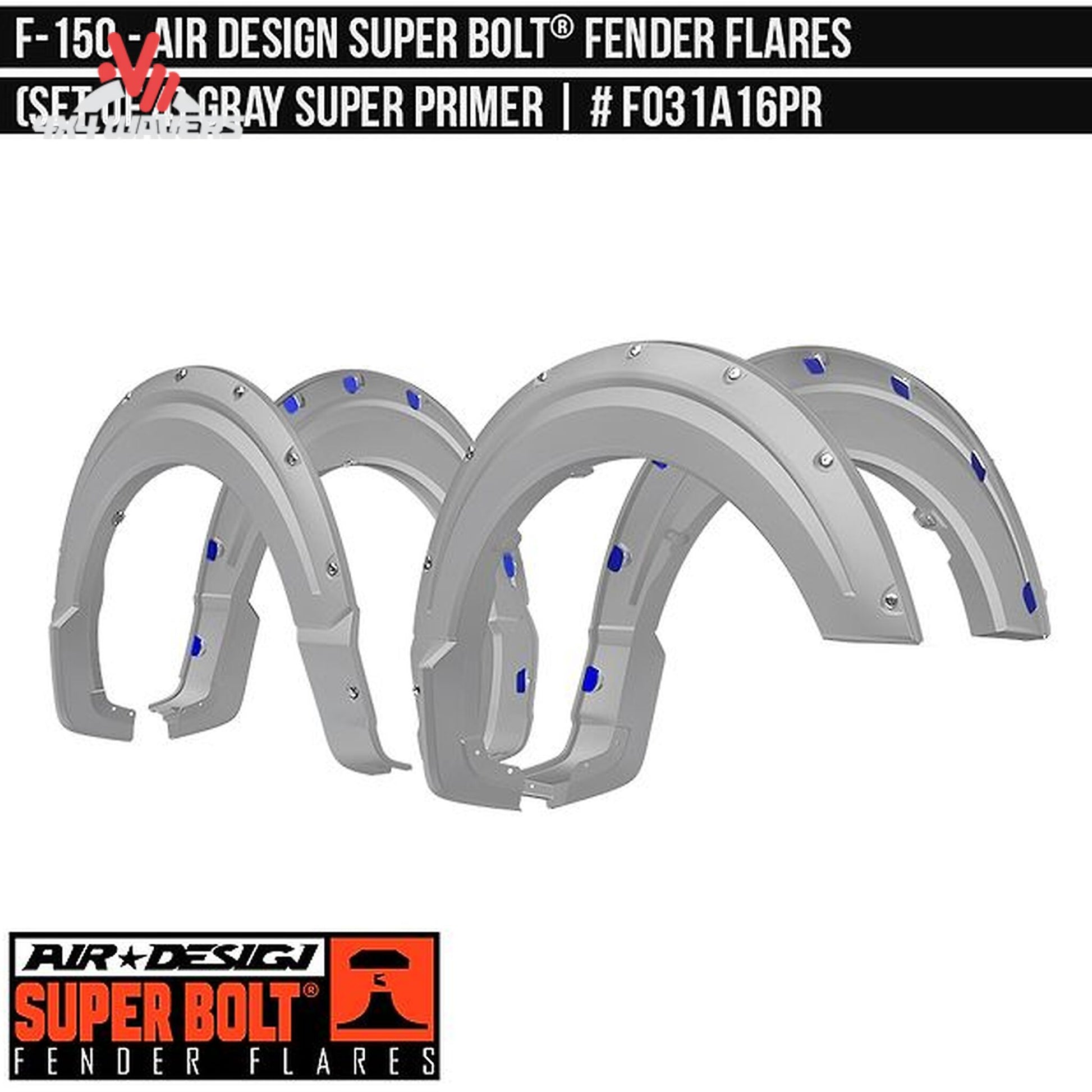 Front primed Air Design Superbolt fender flare installed on Ford F-150 FO31A16PR SKU GPSM_FO31A16PR.