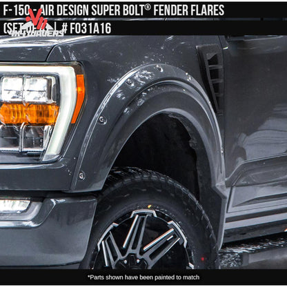 Close-up detail of the front injection molded ABS Superbolt fender flare mounted above an off-road truck tire SKU GPSM_FO31A16.