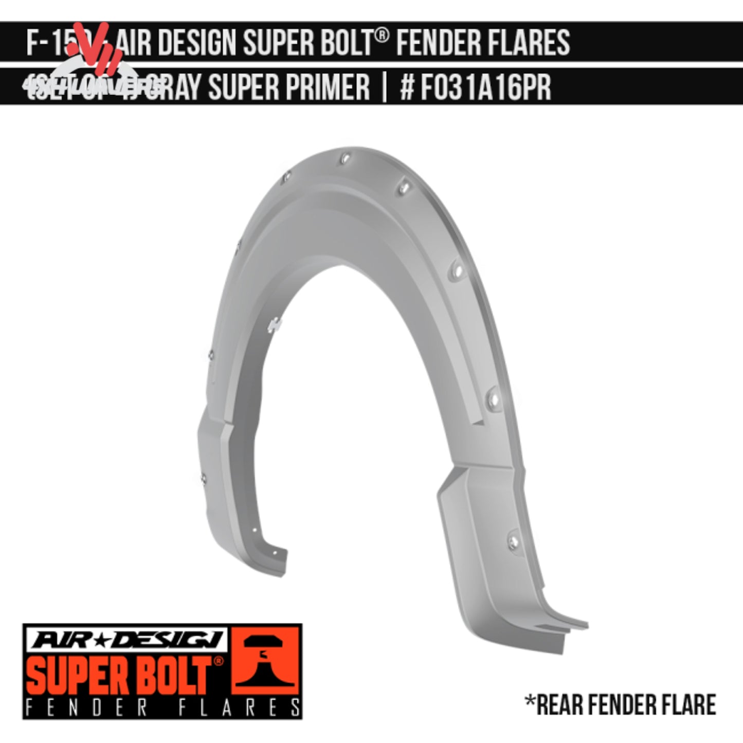 Close-up detail of the front injection molded ABS Superbolt fender flare mounted above an off-road truck tire SKU GPSM_FO31A16.