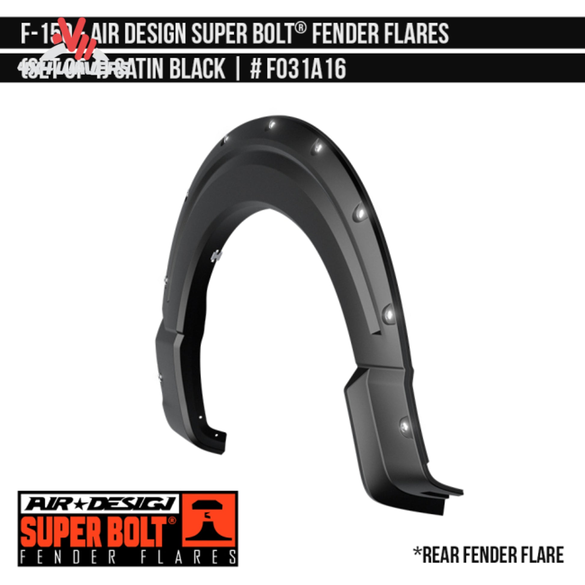 Front satin black Air Design Superbolt fender flare installed on Ford F-150 FO31A16 SKU GPSM_FO31A16.