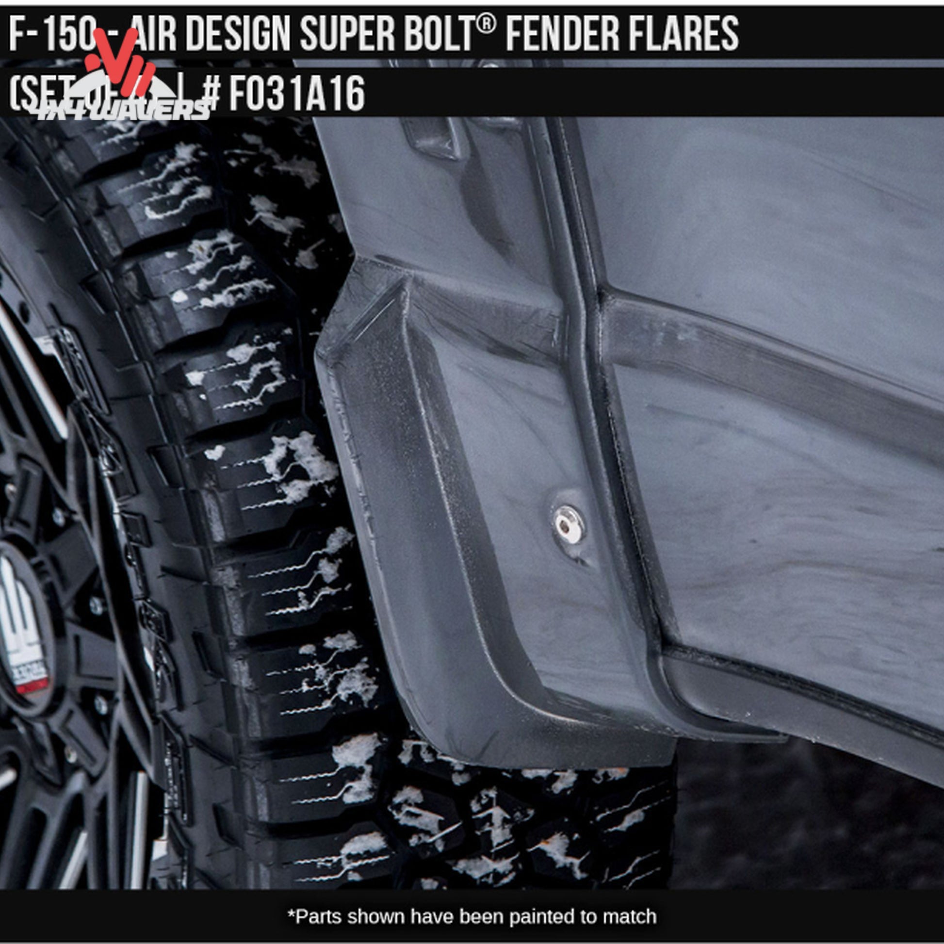 Front satin black Air Design Superbolt fender flare installed on Ford F-150 FO31A16 SKU GPSM_FO31A16.