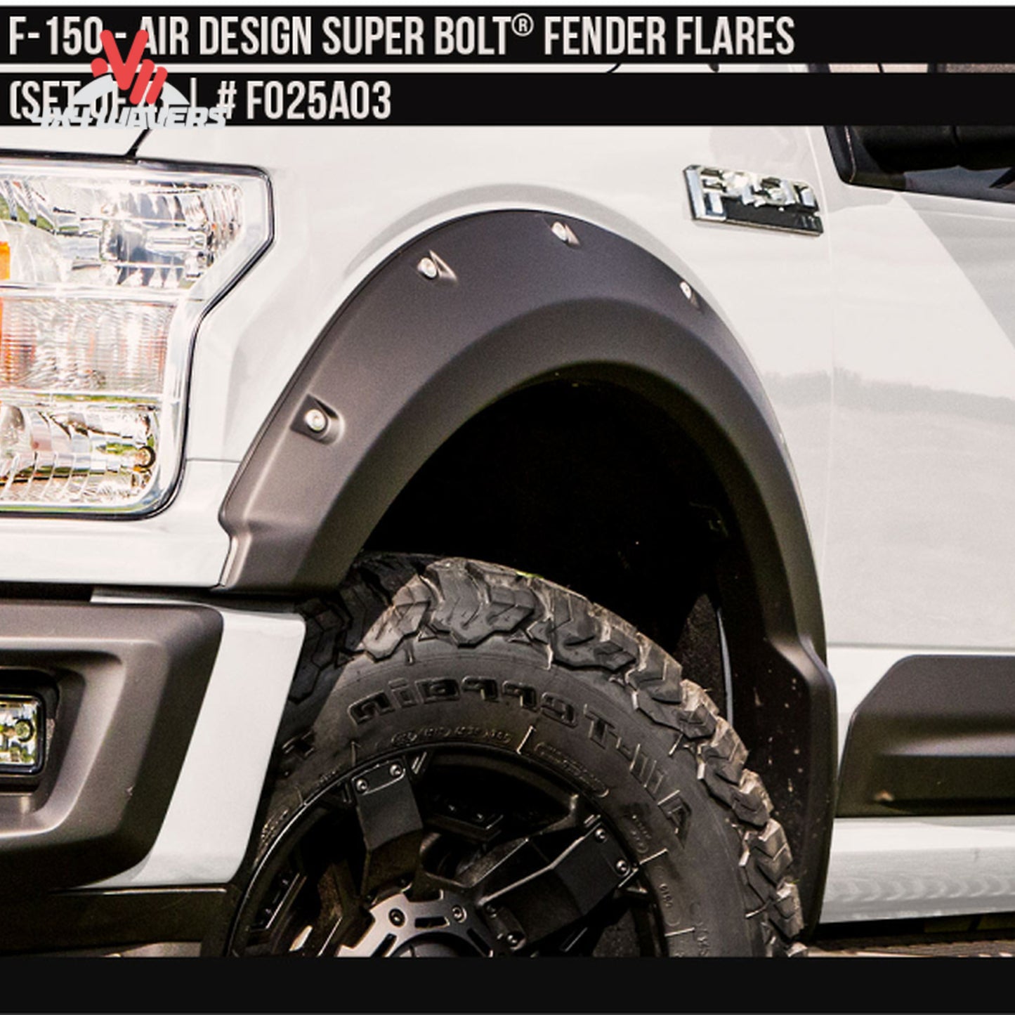 Rear satin black Air Design fender flare providing extra tire coverage on Ford F-150 SKU GPSM_FO25A03.