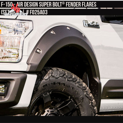 Rear satin black Air Design fender flare providing extra tire coverage on Ford F-150 SKU GPSM_FO25A03.