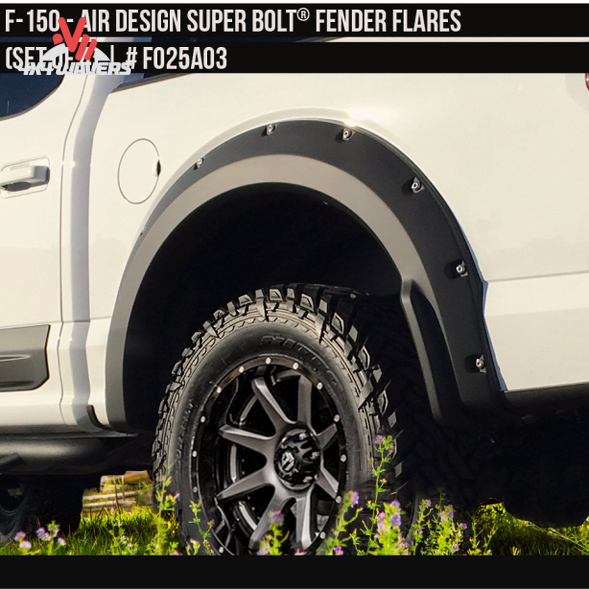 Rear wheel well angle showing the extra 2 inches of tire coverage provided by the Air Design flare to block mud and road debris SKU GPSM_FO25A03.