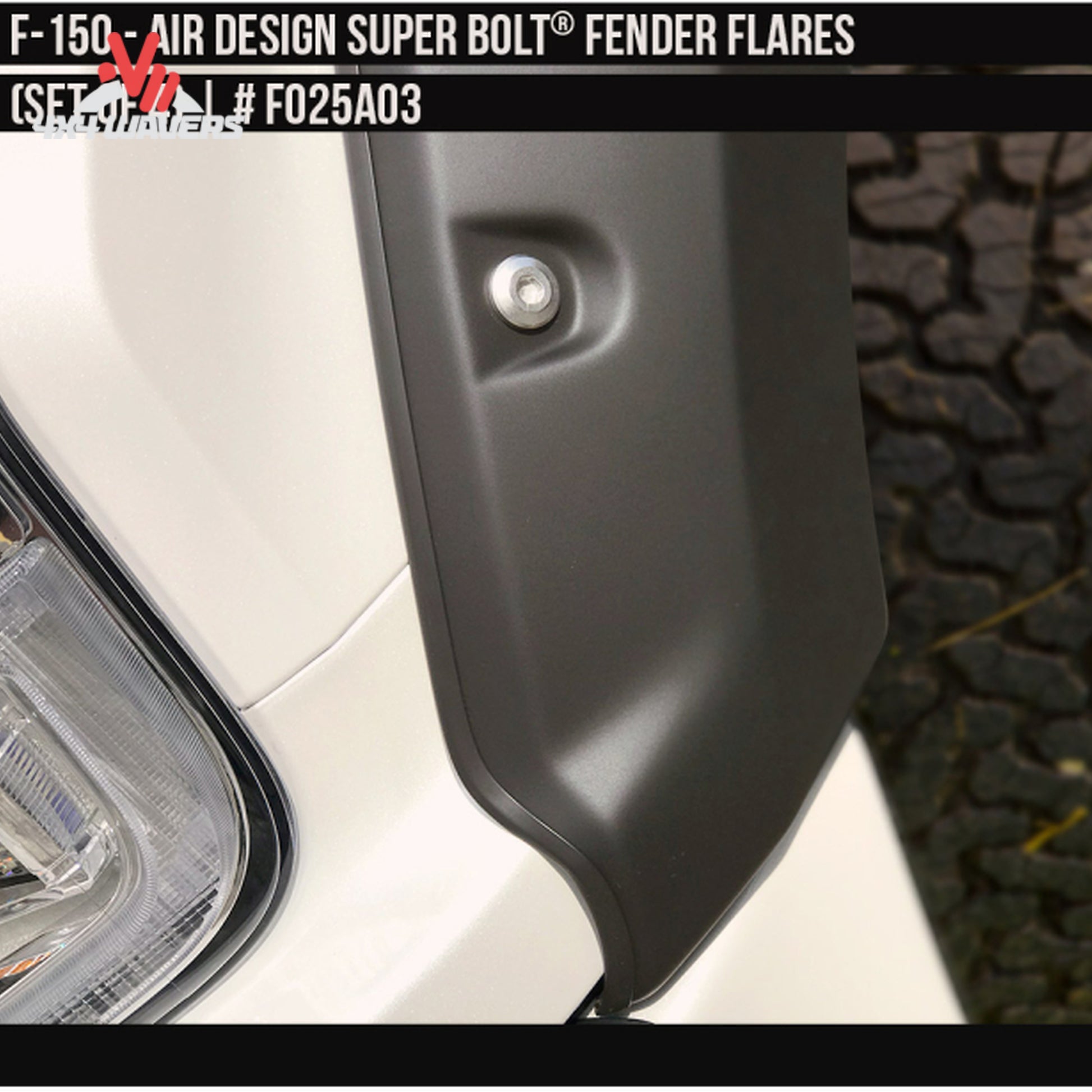 Rear satin black Air Design fender flare providing extra tire coverage on Ford F-150 SKU GPSM_FO25A03.