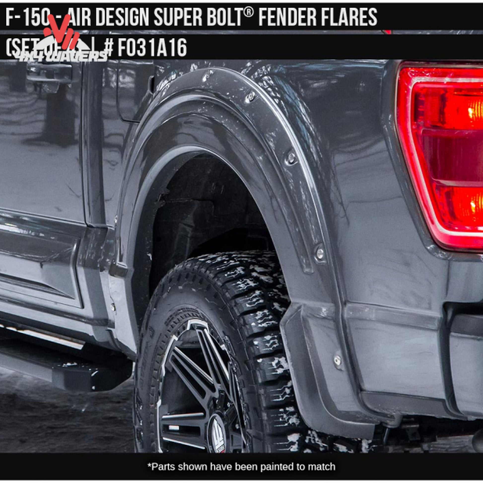 Rear satin black Air Design fender flare providing extra tire coverage on Ford F-150 SKU GPSM_FO31A16.