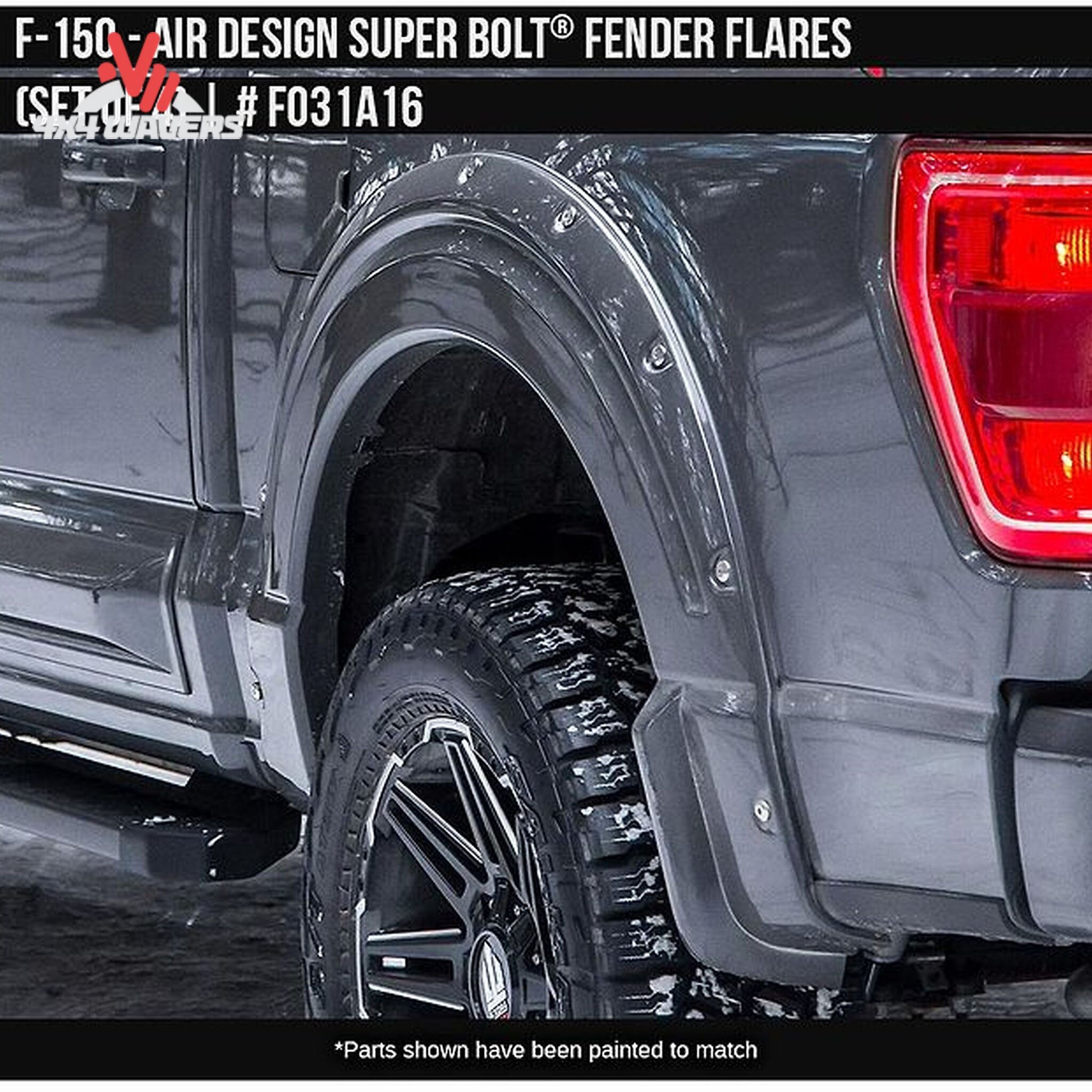 Rear wheel well angle showing the extra 2 inches of tire coverage provided by the Air Design flare to block mud and road debris SKU GPSM_FO31A16PR.