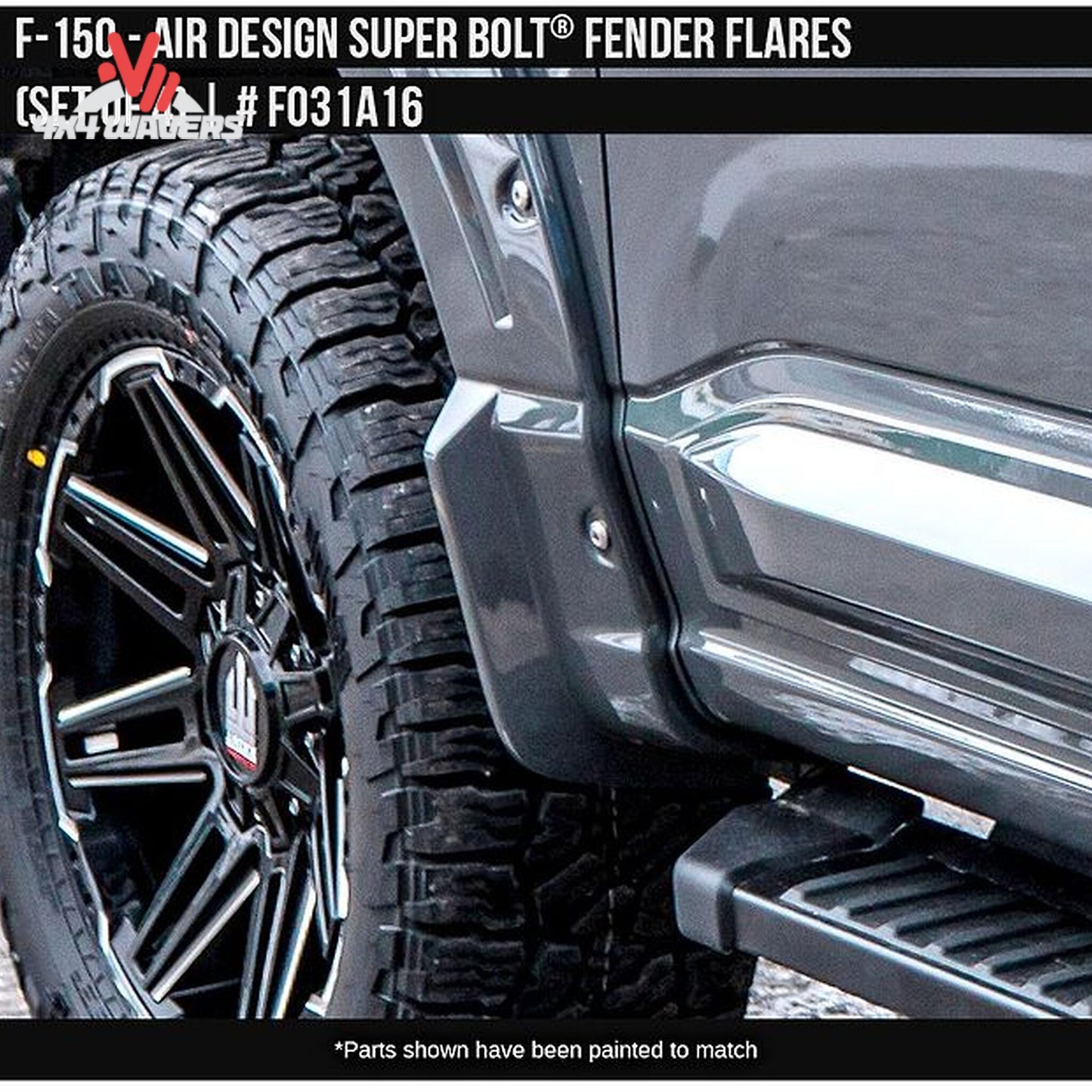 Rear primed Air Design fender flare providing extra tire coverage on Ford F-150 SKU GPSM_FO31A16PR.