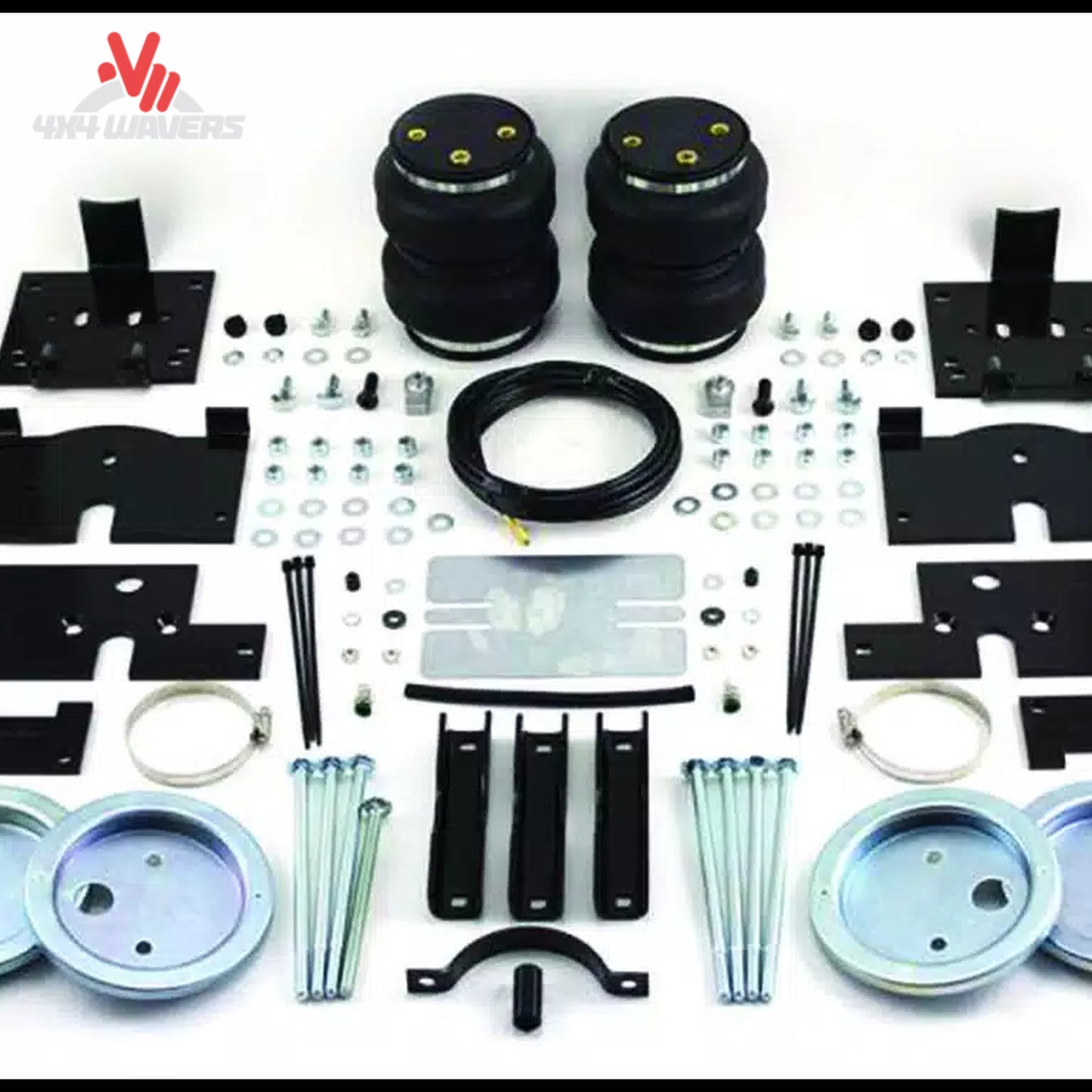 A complete LoadLifter 5000 air spring suspension kit including 2-ply rubber bellows, mounting brackets, and air lines for an F-150 PowerBoost SKU BBCG_57389.