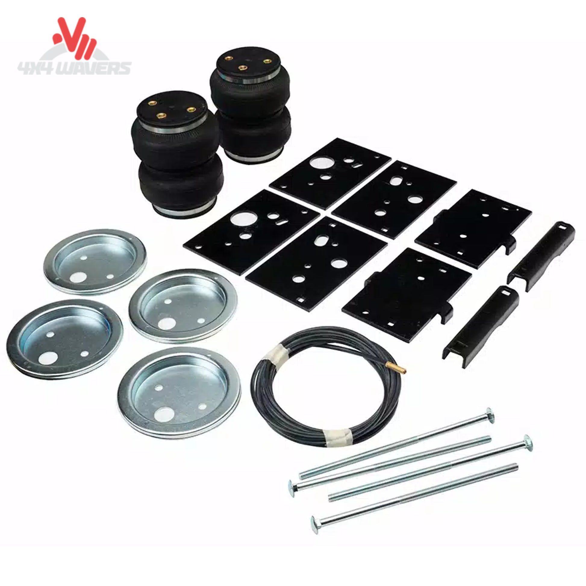 A complete LoadLifter 5000 air spring suspension kit including 2-ply rubber bellows, mounting brackets, and air lines for an F-150 PowerBoost SKU BBCG_57389.