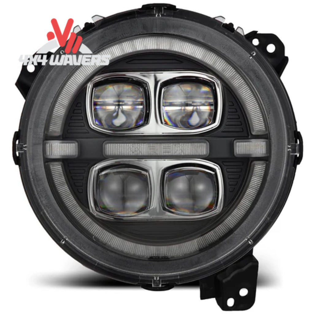 Faros delanteros proyectores LED AlphaRex NOVA en negro para Jeep Wrangler JL 2018-2026, con lentes transparentes y diseño detallado.