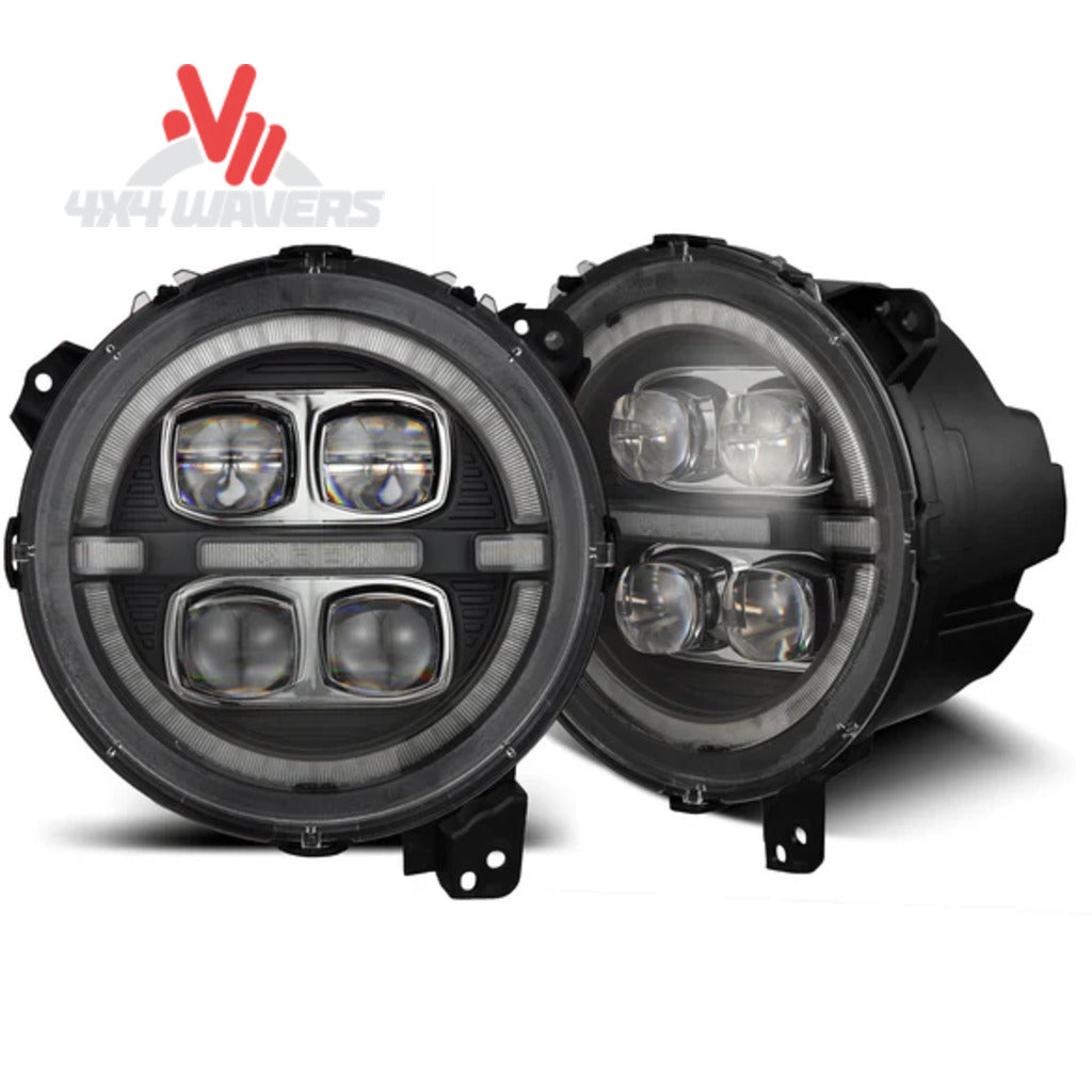 alt
Faros proyectores LED AlphaRex NOVA en negro para Jeep Wrangler JL 2018-2026, con lentes transparentes y diseño detallado.