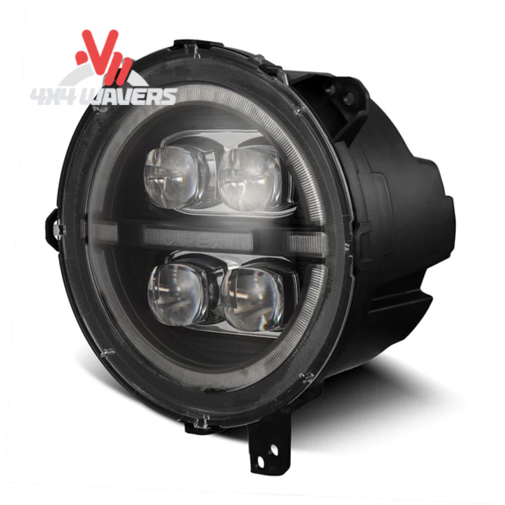 Faros proyectores LED AlphaRex NOVA negros para Jeep Wrangler JL 2018-2026, con lente transparente y diseño detallado