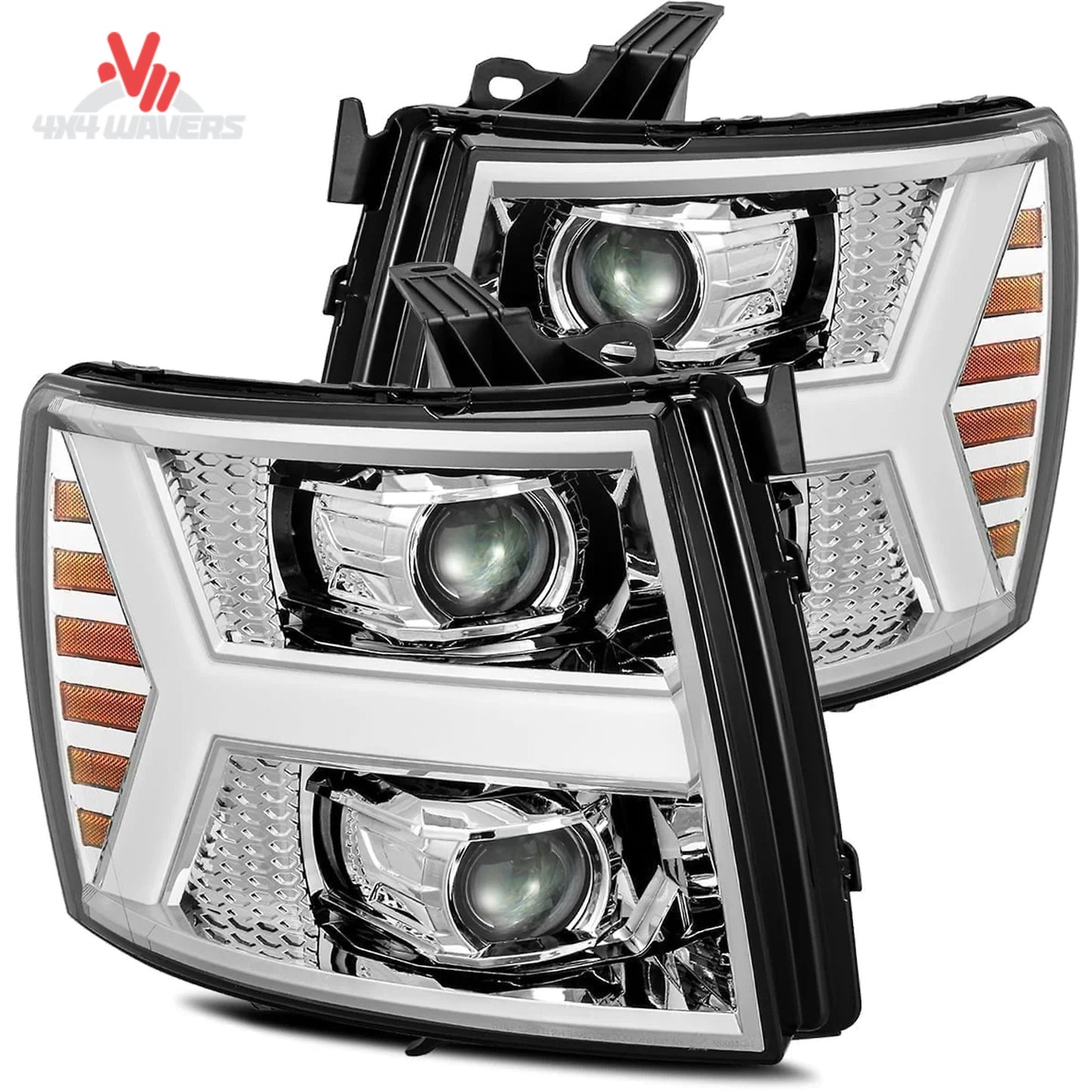 Pair of chrome AlphaRex PRO projector headlights with LED light plank SKU 880204