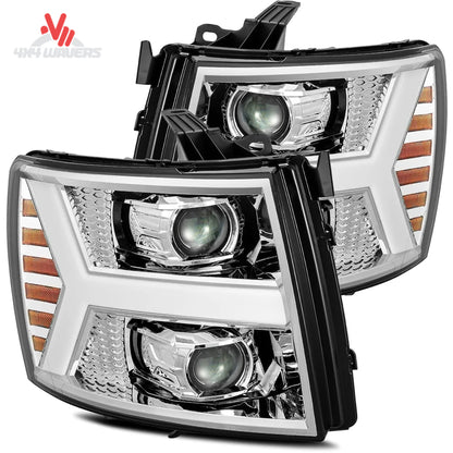 Pair of chrome AlphaRex PRO projector headlights with LED light plank SKU 880204