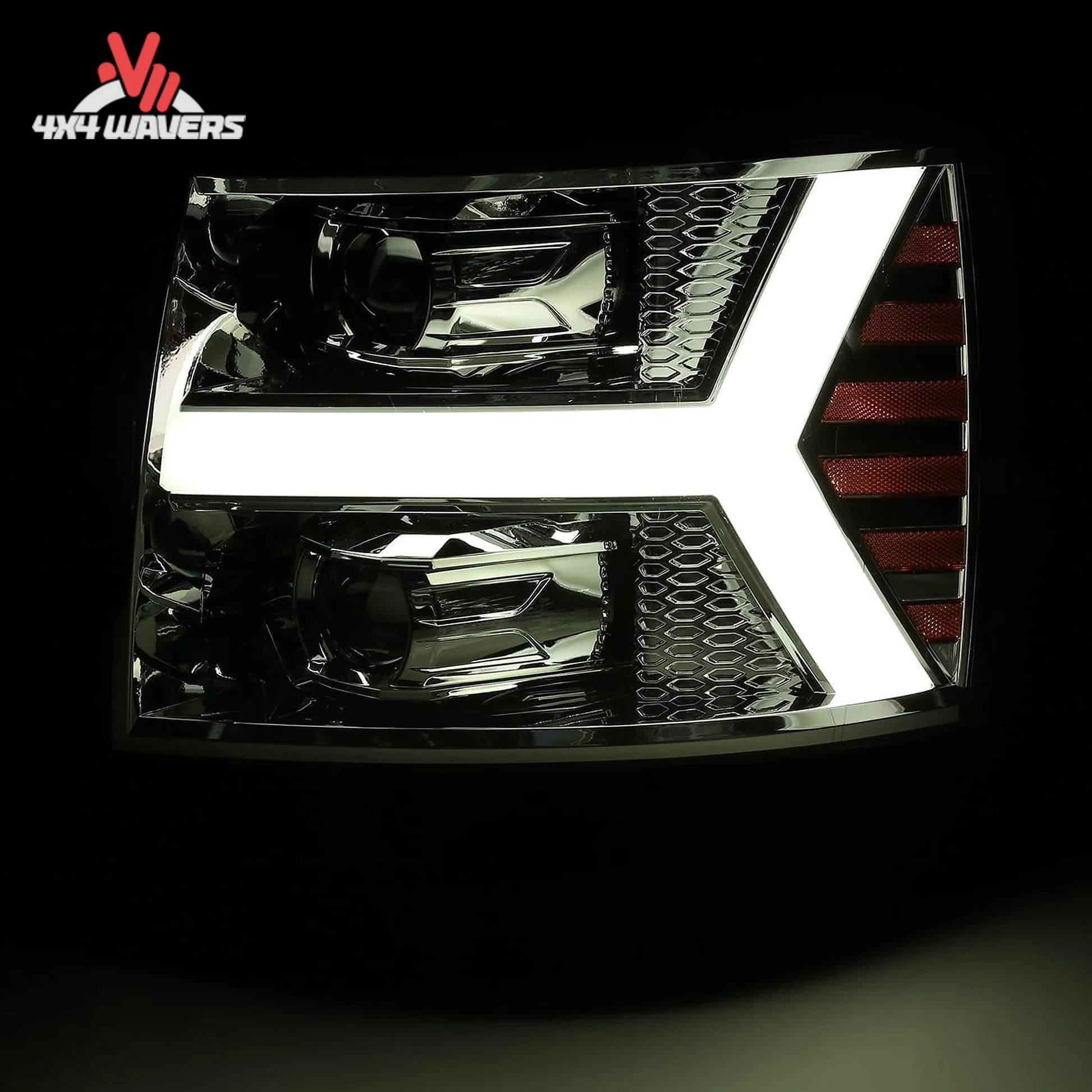 Front view of active white LED daytime running light plank on chrome headlight housing SKU 880204