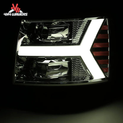 Front view of active white LED daytime running light plank on chrome headlight housing SKU 880204