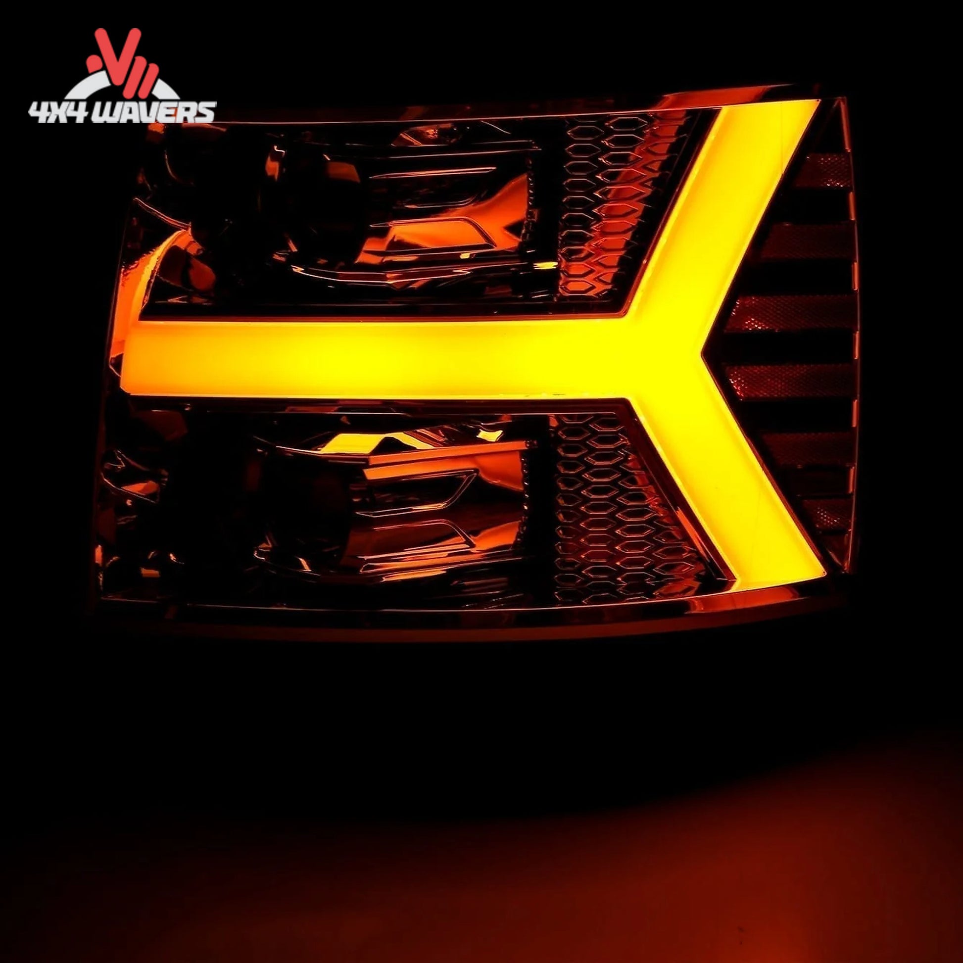 Close up of amber LED sequential turn signal integrated in chrome headlight SKU 880204