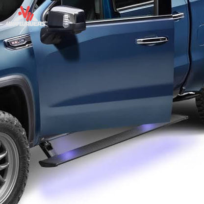 Deployed electric running board with low profile LED lights illuminating ground SKU 76255-01A