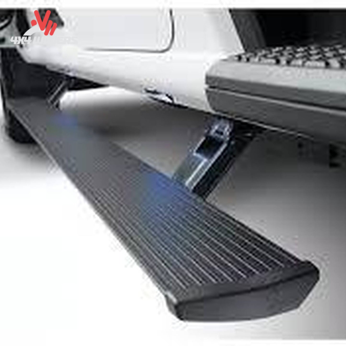 Deployed electric running board with low profile LED lights illuminating ground SKU 76255-01A