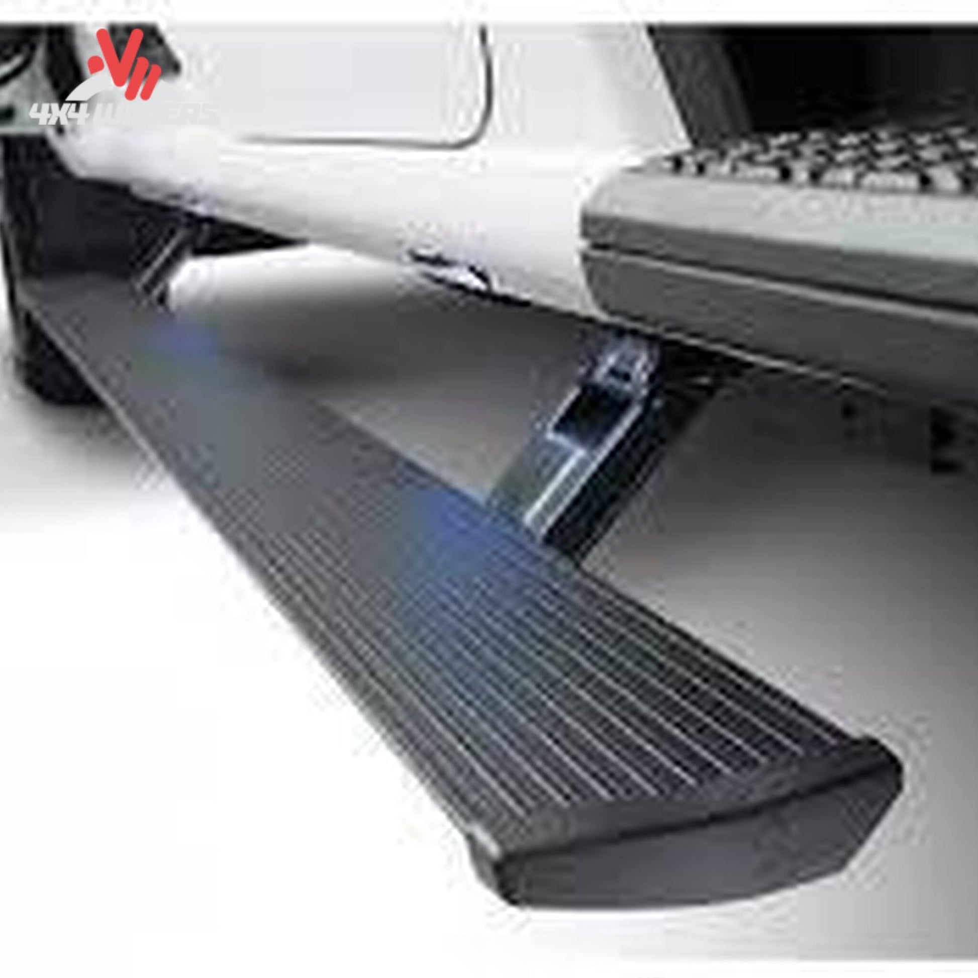 Deployed electric running board with low profile LED lights illuminating ground SKU 76255-01A