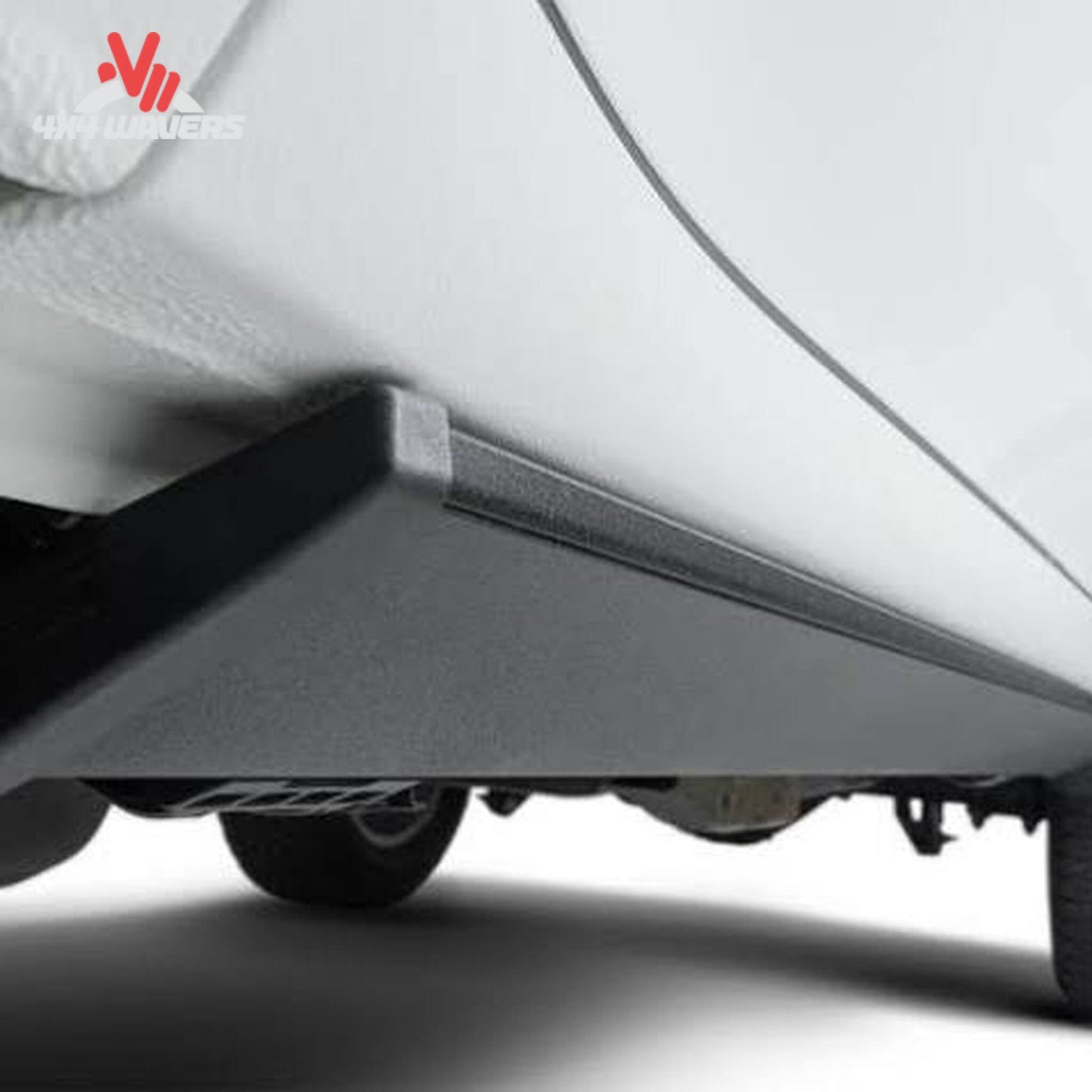 Retracted power step tucked beneath body panel on Chevy Silverado HD SKU 76255-01A