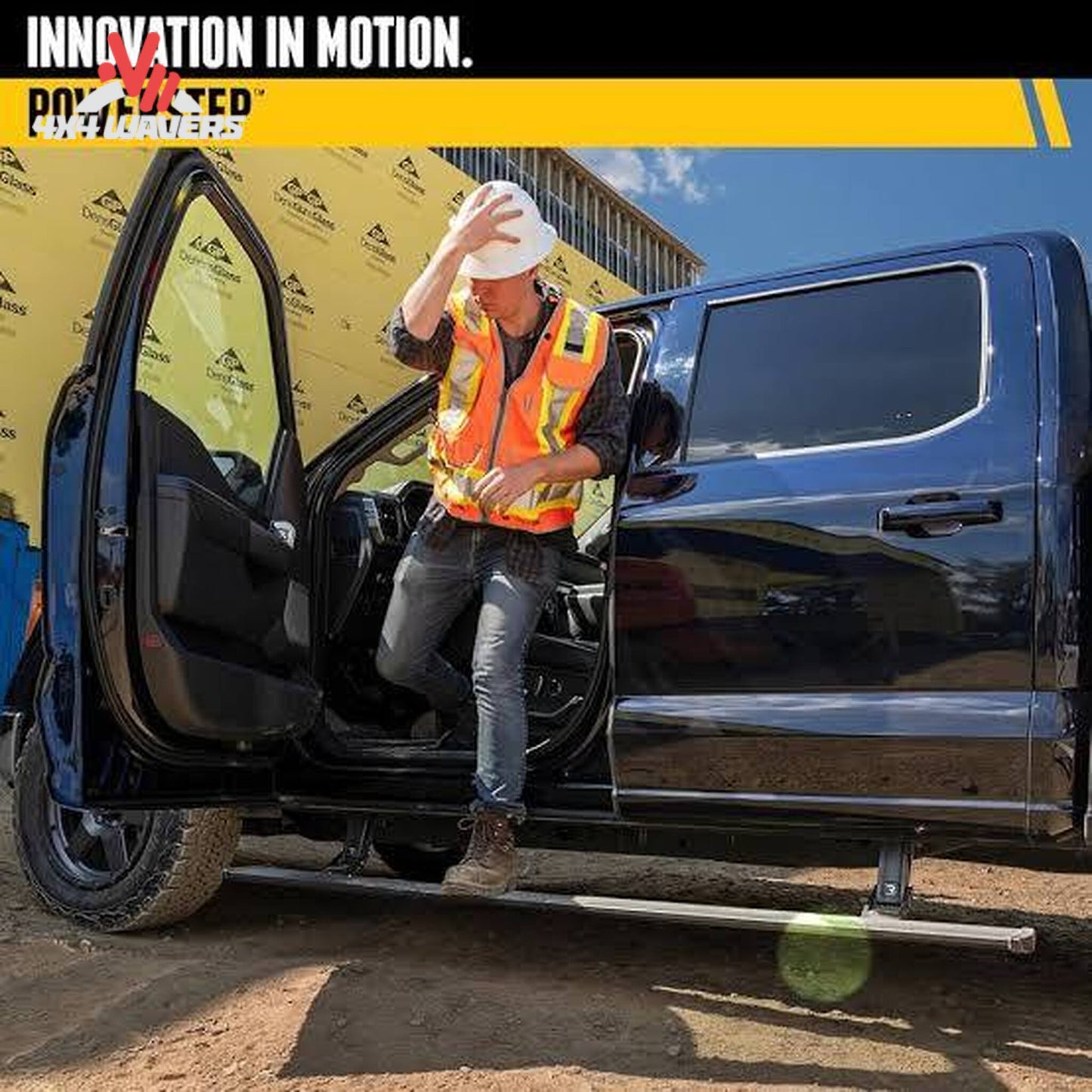 Deployed AMP PowerStep automatic electric step on GMC Sierra Crew Cab SKU 76255-01A