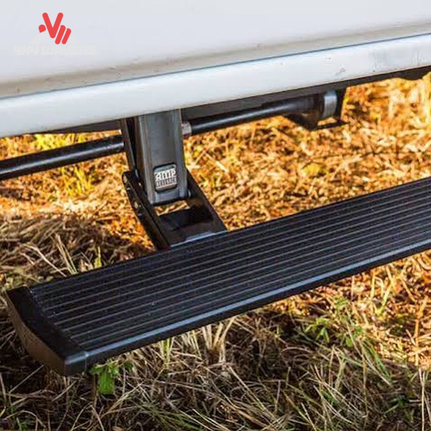 Deployed AMP PowerStep automatic electric step on GMC Sierra Crew Cab SKU 76255-01A