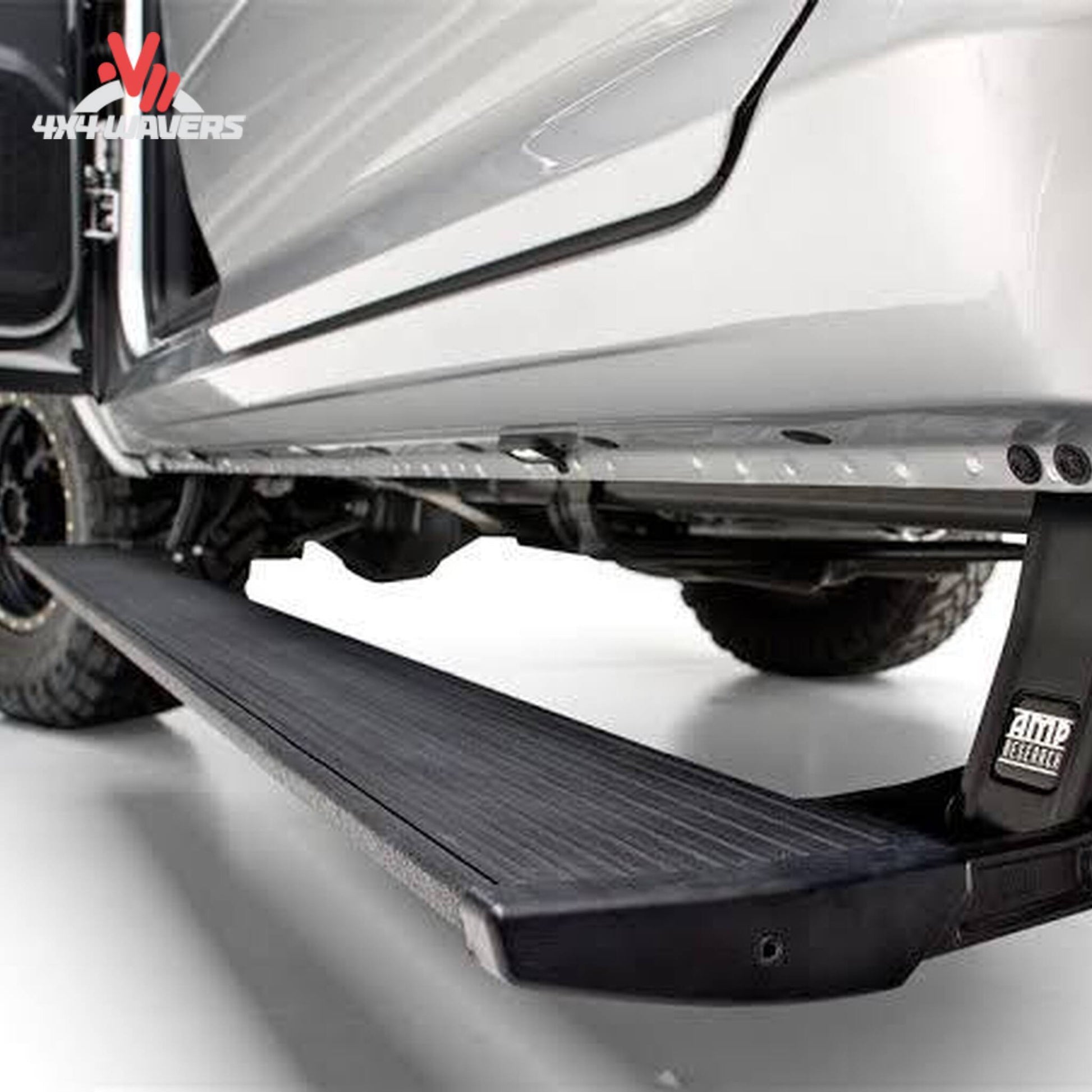 Deployed AMP PowerStep automatic electric step on GMC Sierra Crew Cab SKU 76255-01A