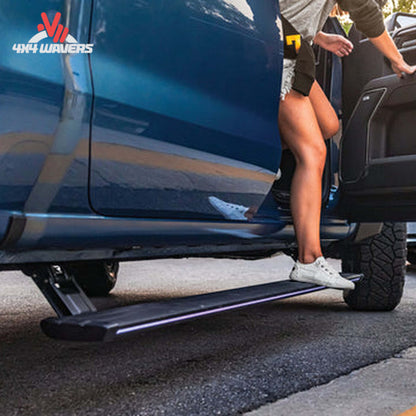 Deployed AMP PowerStep Vision automatic step on GMC Sierra Crew Cab with LED light SKU 96255-01A
