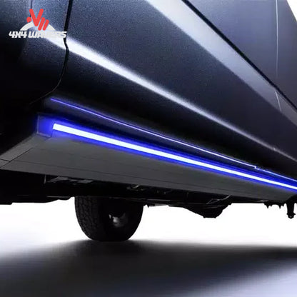 Deployed AMP PowerStep Vision automatic step on GMC Sierra Crew Cab with LED light SKU 96255-01A