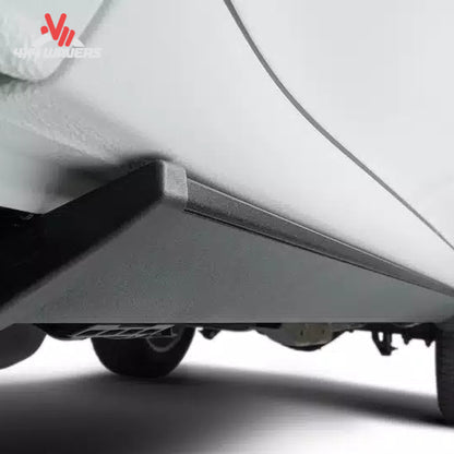 Hidden running board system tucked beneath vehicle body for off-road clearance