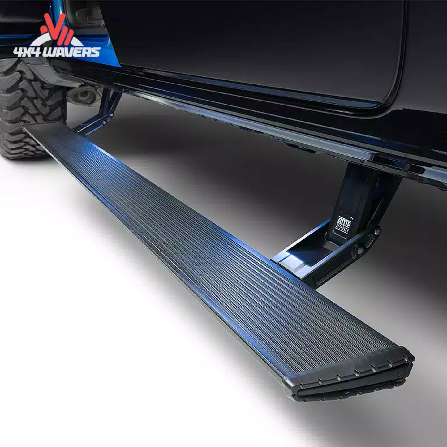 Detail view of the high-texture non-slip aluminum stepping surface lit by LED courtesy lights SKU BGQD_78152-01A.