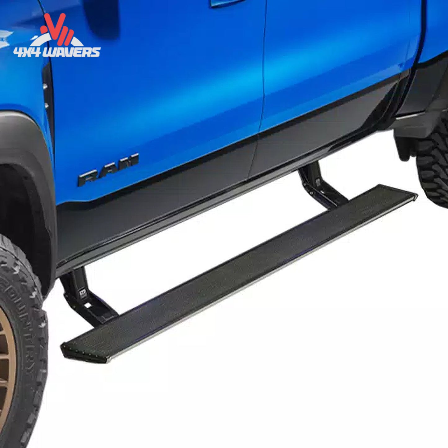 Side profile view of a Ford F-150 truck with AMP Research PowerStep Xtreme dual-motor steps deployed and LED lights illuminated SKU BGQD_78152-01A.