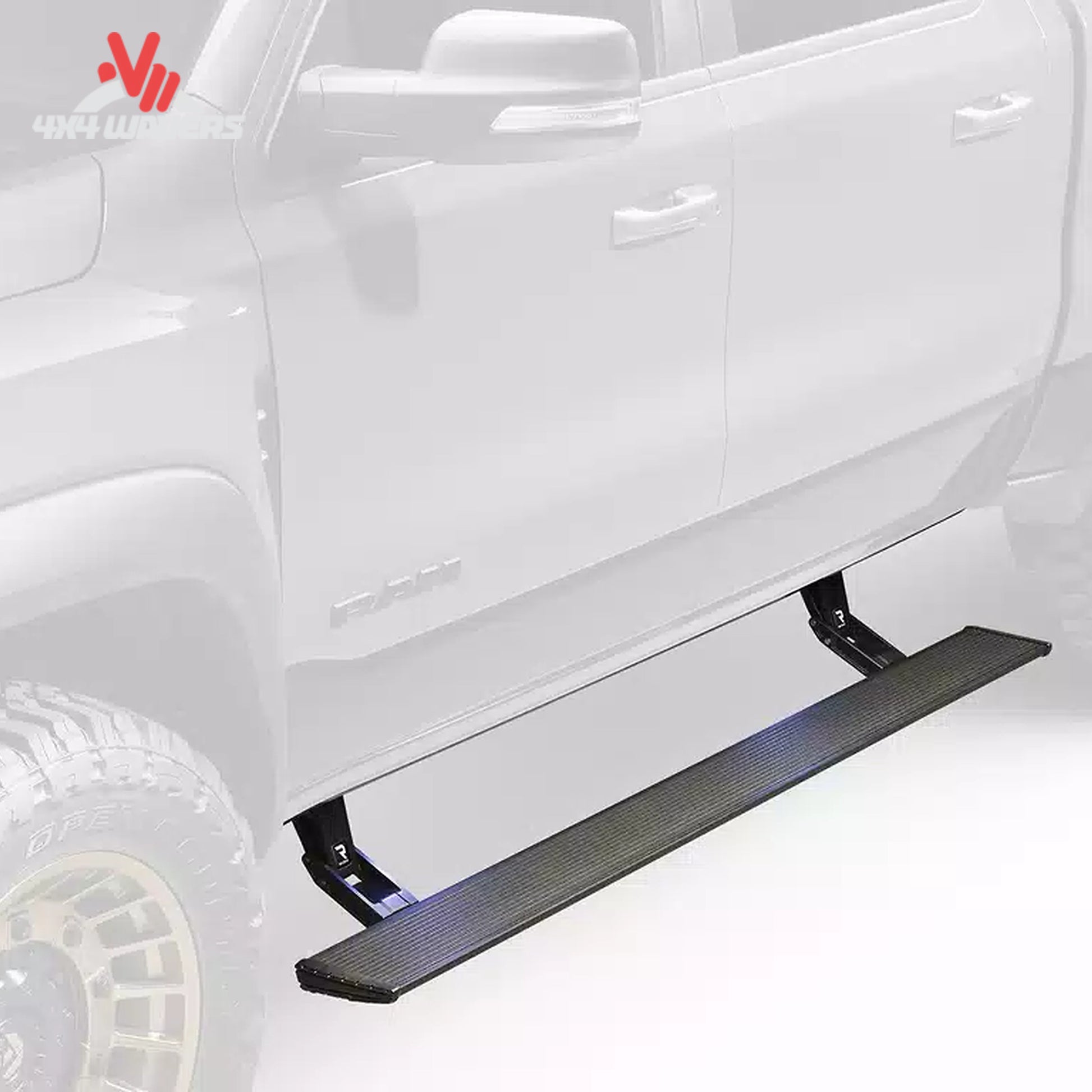 Side profile view of a Ford F-150 truck with AMP Research PowerStep Xtreme dual-motor steps deployed and LED lights illuminated SKU BGQD_78152-01A.