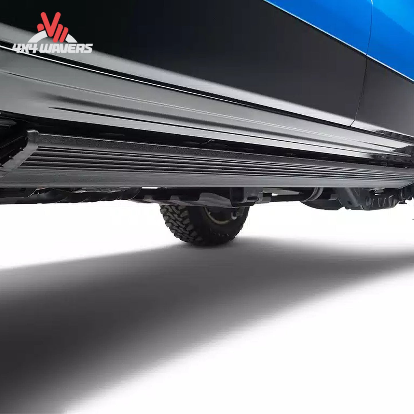 Close-up detail showing the dual-motor electric step retracted flush against the rocker panel for ground clearance SKU BGQD_78152-01A.