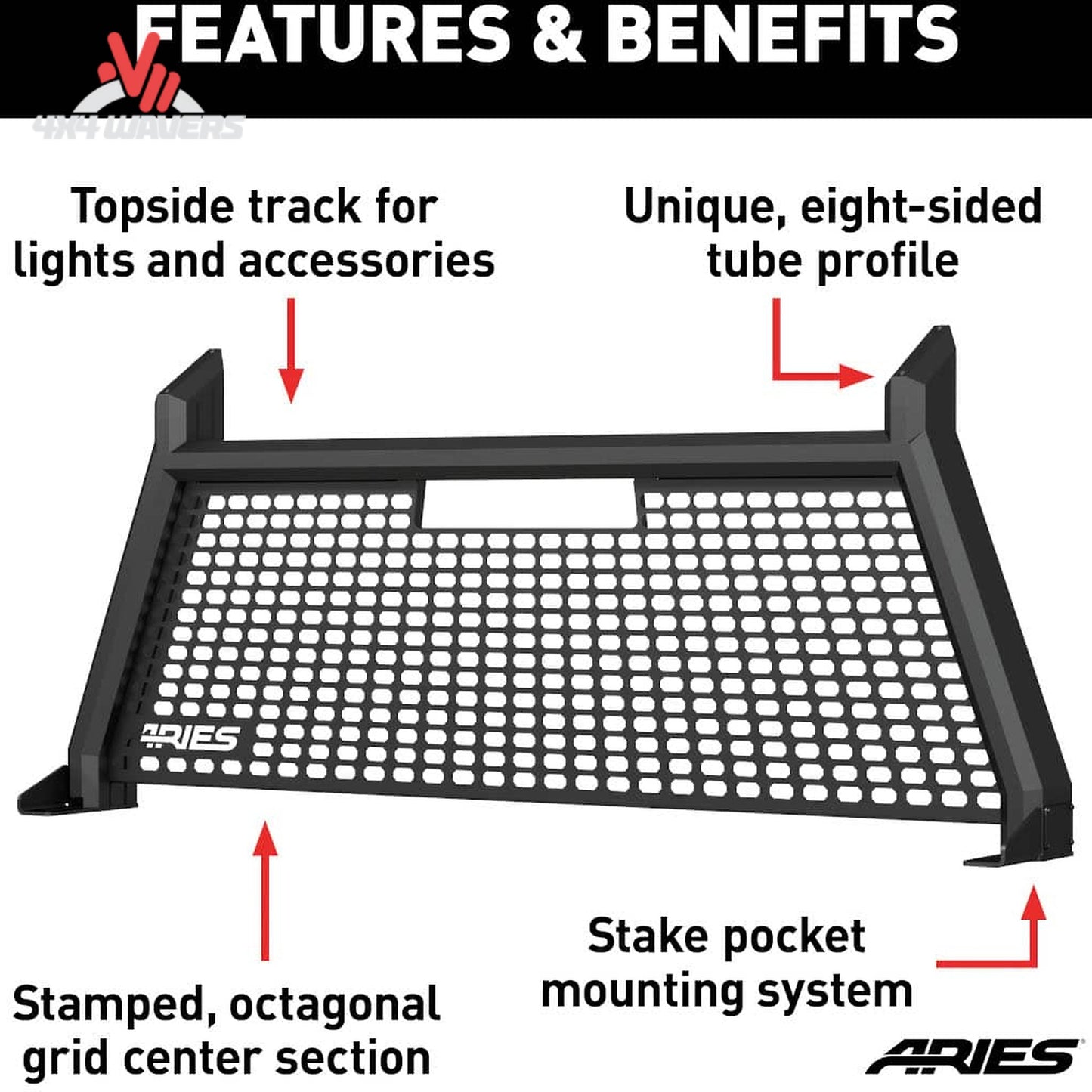 Rear perspective view of a Ford F-150 truck fitted with an ARIES AdvantEDGE black aluminum cab protector rack SKU BBDR_1110102.