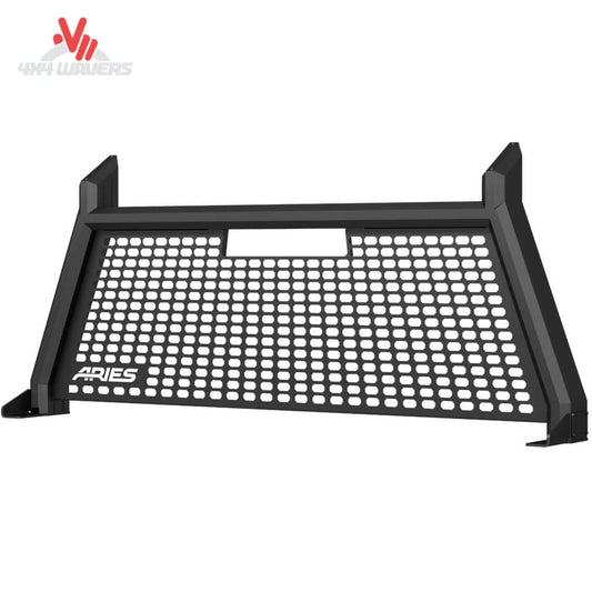 ARIES AdvantEDGE black aluminum headache rack installed on a Ford F-150 truck, providing cargo and cab protection.