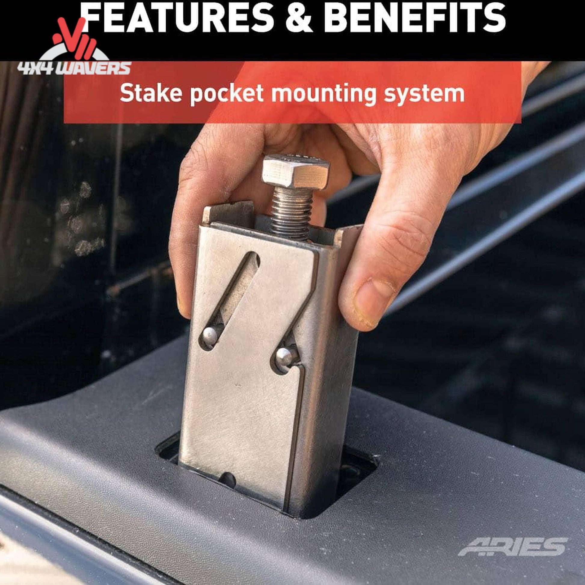 Close-up view of the no-drill stake pocket mounting system anchored to the truck bed rail SKU BBDR_1110102.