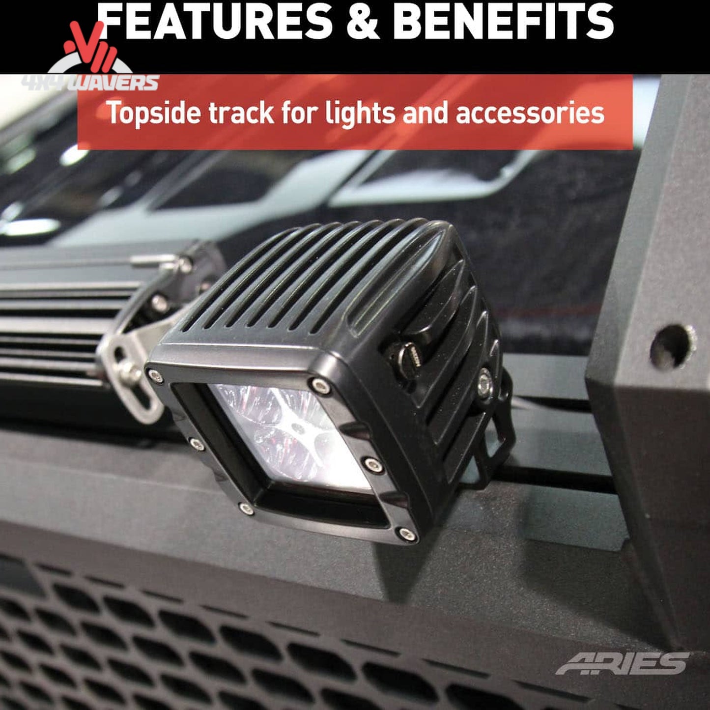Detailed view of the topside track system designed for mounting aftermarket LED light bars and tie-down anchors SKU BBDR_1110102.