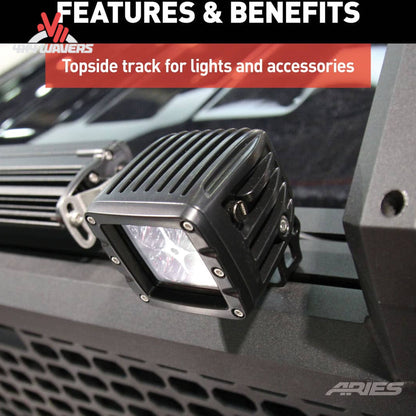 Detailed view of the topside track system designed for mounting aftermarket LED light bars and tie-down anchors SKU BBDR_1110102.