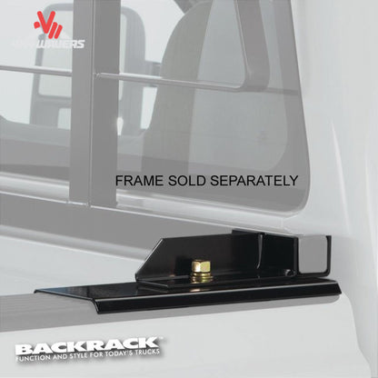 Detail image of the Backrack Standard Mounting Hardware Kit for 15-26 Ford F-150 headache rack, showing rail and plate brackets.